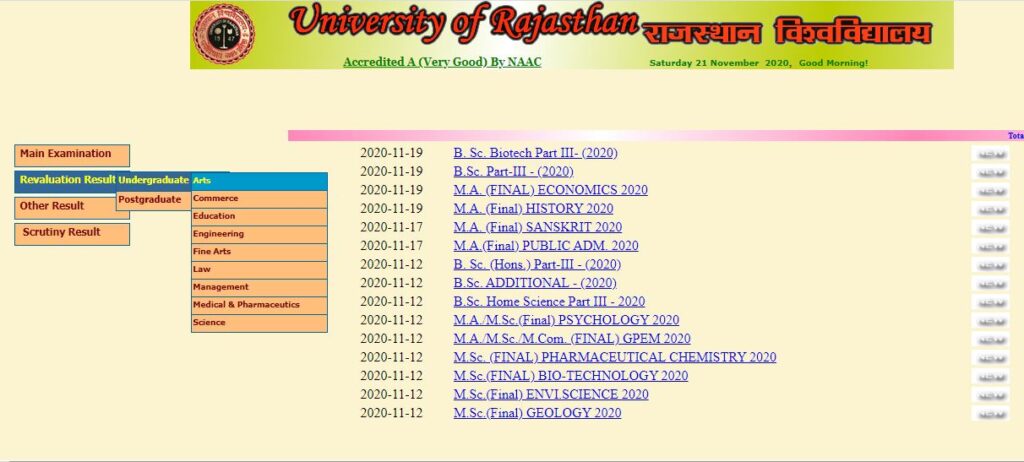 Rajasthan University Supplementary Re Exam Back Paper Exam Result