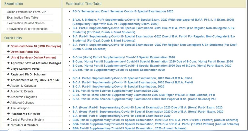 Uniraj Rajasthan University Exam Admit Card Exam Time Table Download Link