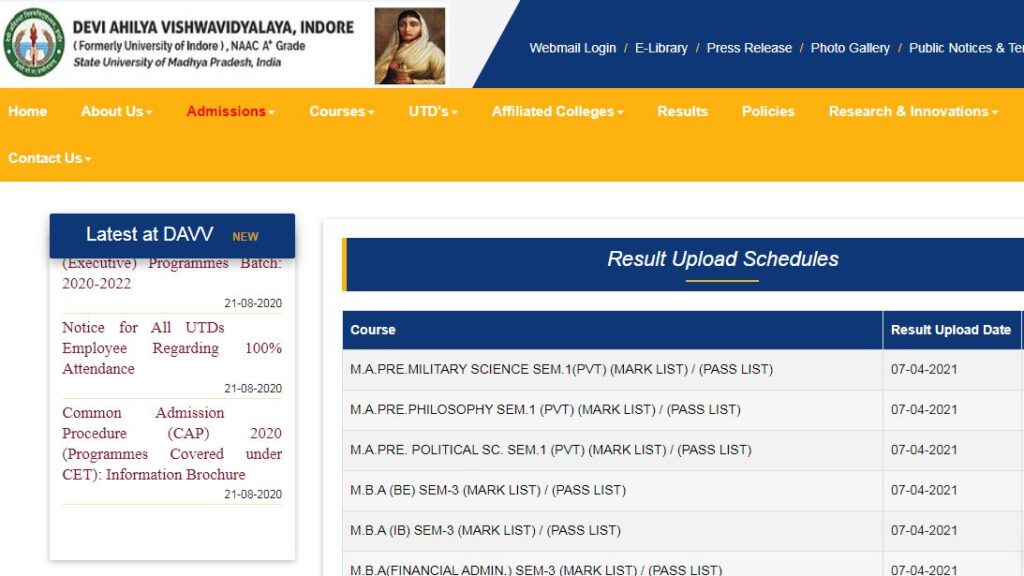 DAVV University Retotaling Revaluation Result