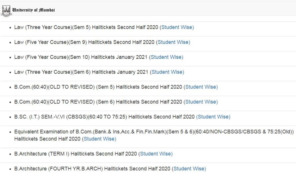 University Of Mumbai Hall tickets Exam Time Table