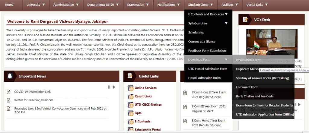 RDVV Rani Durgavati University Revaluation Form Retotaling Scrutiny Process